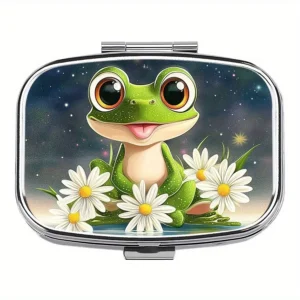 🏷️ MedicareCoverages™ Frog Design Metal Pill Organizer – 2-Compartment Decorative Travel Case with Secure Closure