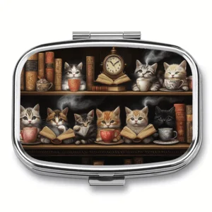 MedicareCoverages™ Cat Lovers Oval Pill Box – 3-Compartment Decorative Metal Medicine Organizer for Daily Use or Travel